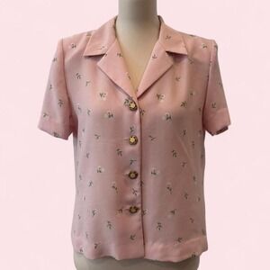 Vintage Leslie Fay Pink Ditsy Floral Button Up Blouse Gold Buttons size 10